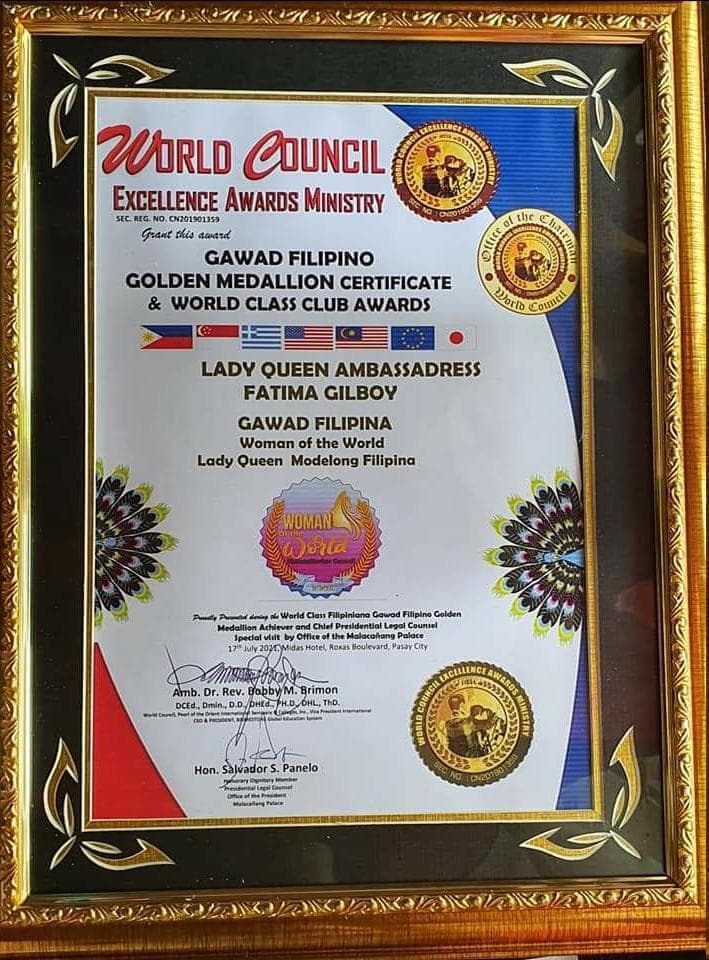 Gawad Filipino Golden Medallion — Lady Queen Ambassadress, Woman of the World